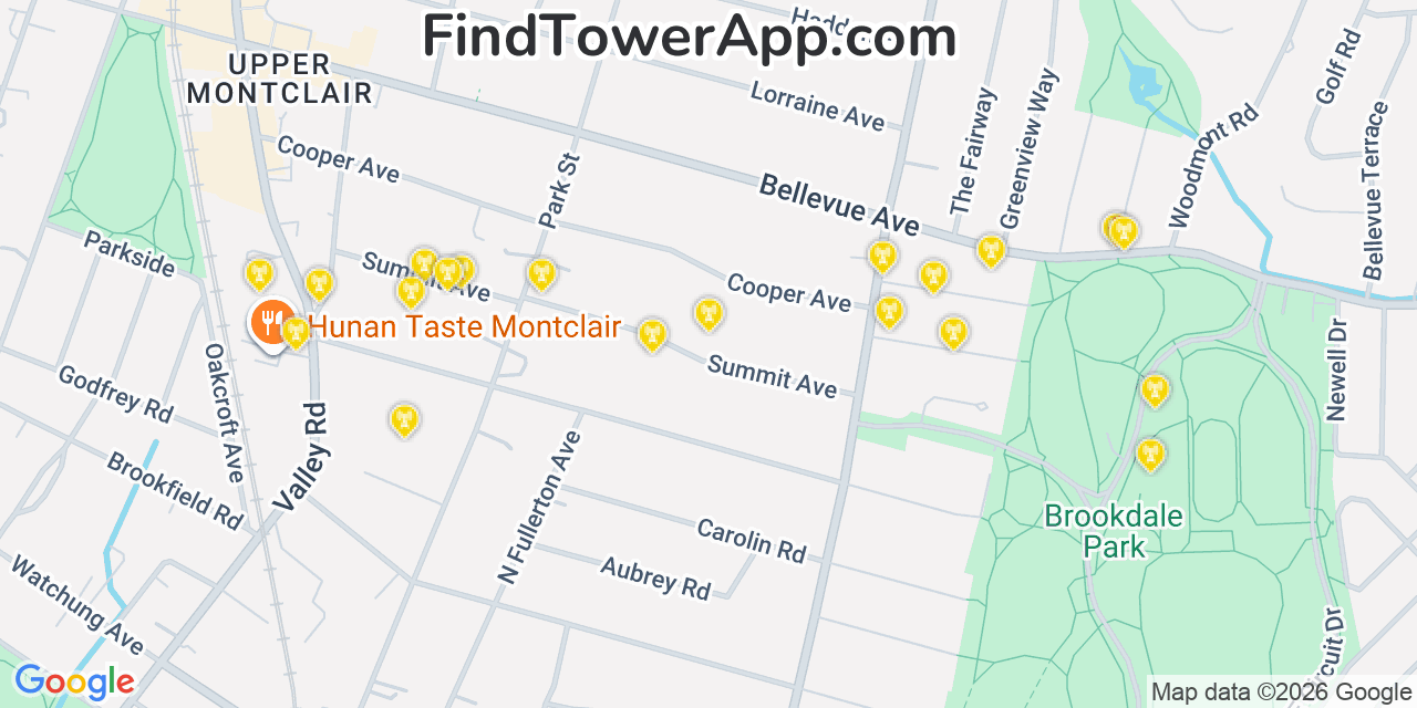 Map showing the 20 primary cell tower locations detected in Upper Montclair, New Jersey from AT&T, Verizon, and T-Mobile networks