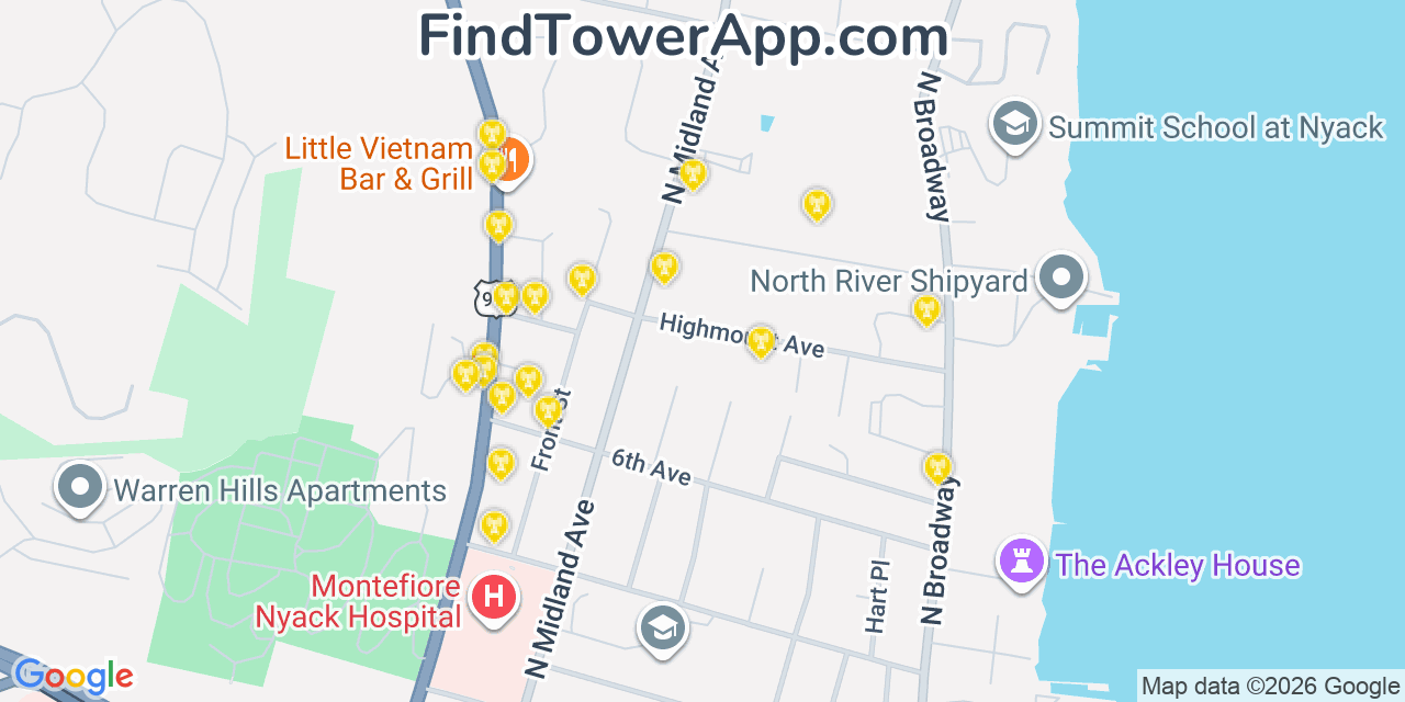 Map showing the 20 primary cell tower locations detected in Upper Nyack, New York from AT&T, Verizon, and T-Mobile networks