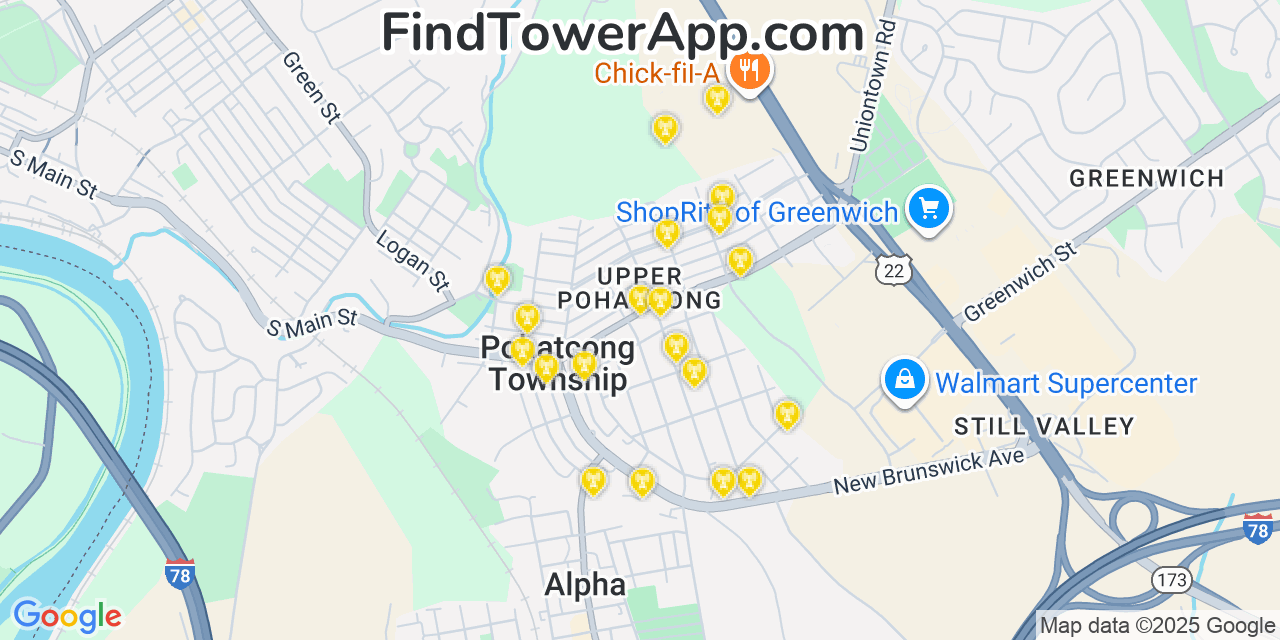 Map showing the 20 primary cell tower locations detected in Upper Pohatcong, New Jersey from AT&T, Verizon, and T-Mobile networks