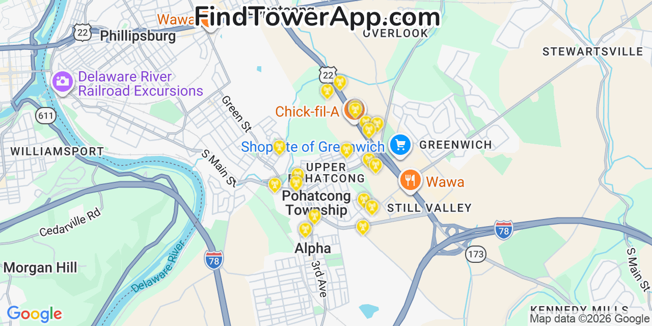 Map showing the 20 primary cell tower locations detected in Upper Pohatcong, New Jersey from AT&T, Verizon, and T-Mobile networks
