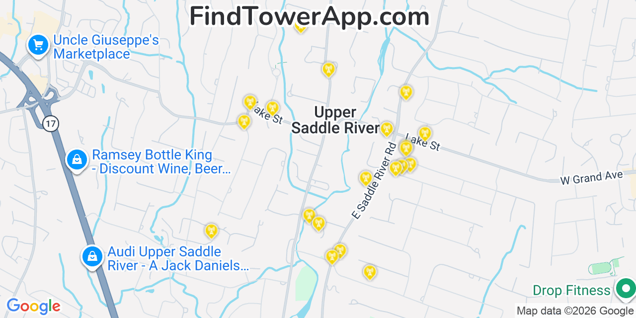 Map showing the 20 primary cell tower locations detected in Upper Saddle River, New Jersey from AT&T, Verizon, and T-Mobile networks