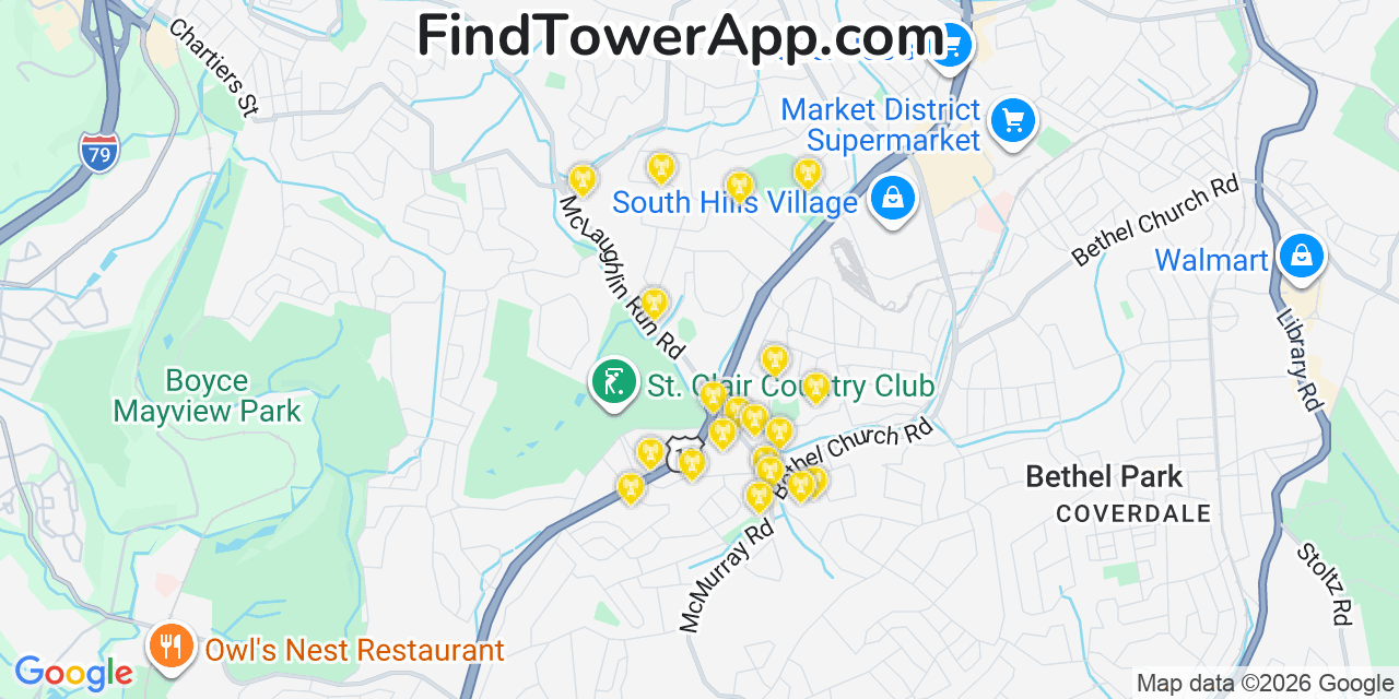 Map showing the 20 primary cell tower locations detected in Upper Saint Clair, Pennsylvania from AT&T, Verizon, and T-Mobile networks