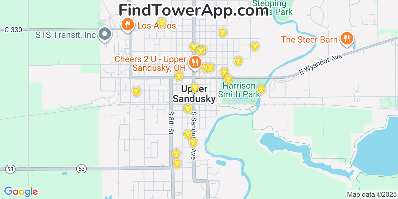 Map showing the 20 primary cell tower locations detected in Upper Sandusky, Ohio from AT&T, Verizon, and T-Mobile networks
