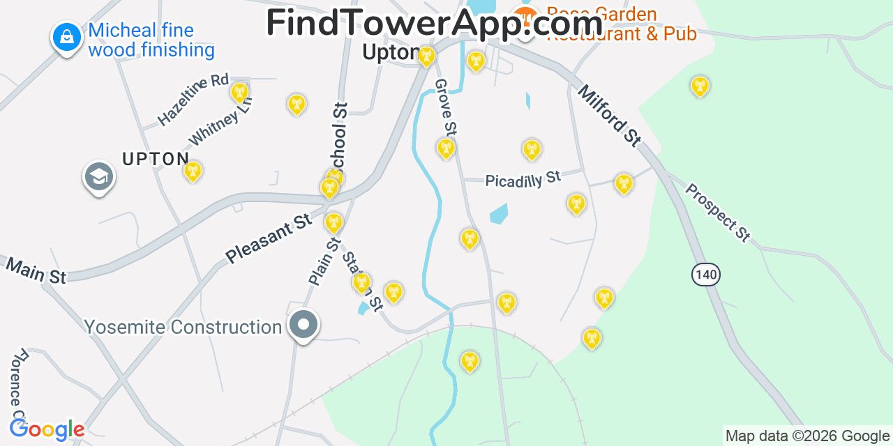 Map showing the 20 primary cell tower locations detected in Upton, Massachusetts from AT&T, Verizon, and T-Mobile networks