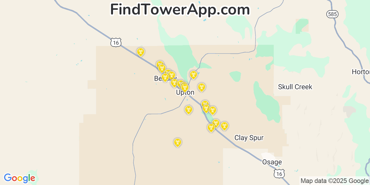 Map showing the 20 primary cell tower locations detected in Upton, Wyoming from AT&T, Verizon, and T-Mobile networks
