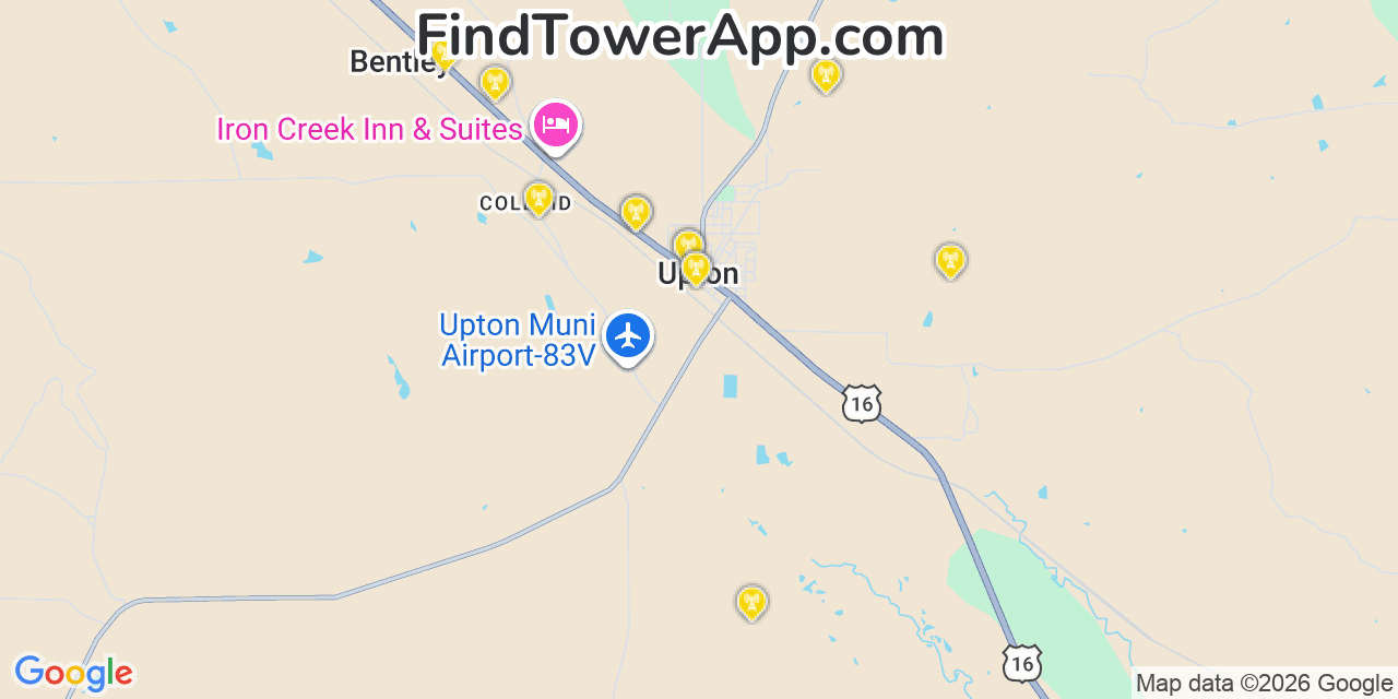 Map showing the 20 primary cell tower locations detected in Upton, Wyoming from AT&T, Verizon, and T-Mobile networks
