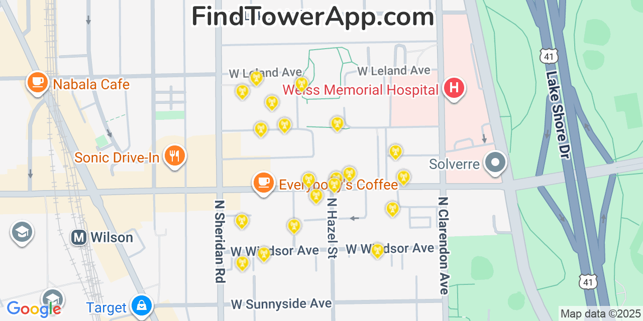 Map showing the 20 primary cell tower locations detected in Uptown, Illinois from AT&T, Verizon, and T-Mobile networks