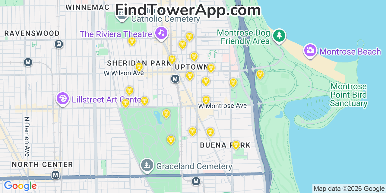 Map showing the 20 primary cell tower locations detected in Uptown, Illinois from AT&T, Verizon, and T-Mobile networks