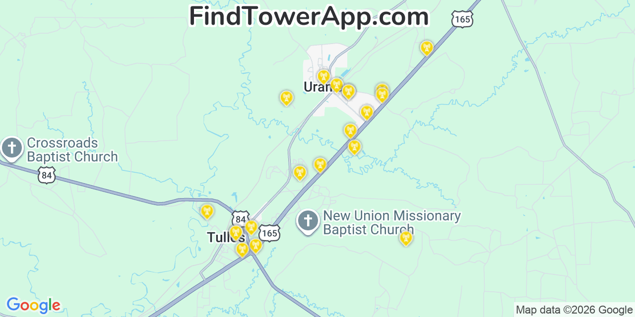 Map showing the 20 primary cell tower locations detected in Urania, Louisiana from AT&T, Verizon, and T-Mobile networks