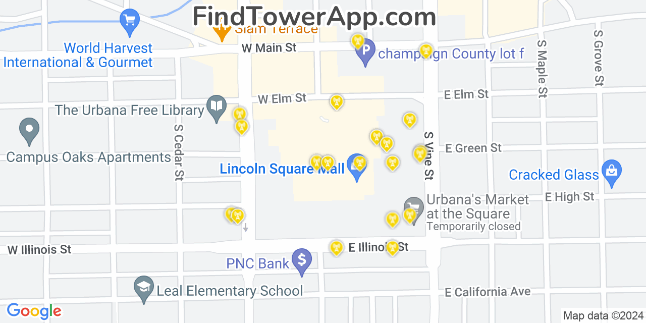 AT&T 4G/5G cell tower coverage map Urbana, Illinois