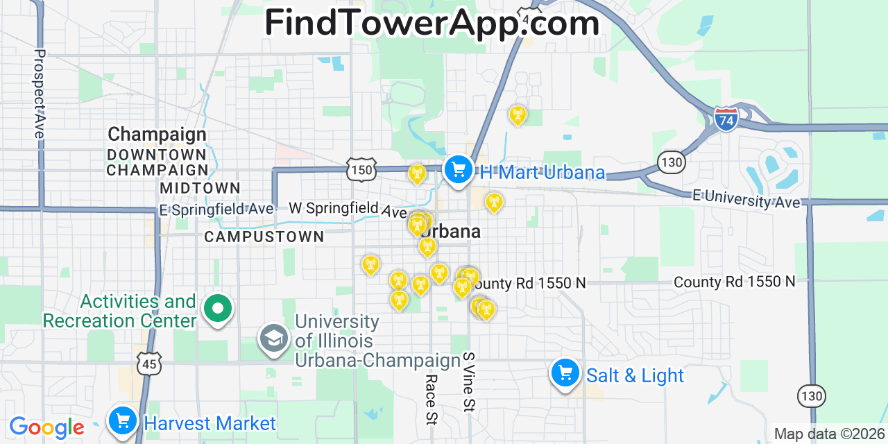 Map showing the 20 primary cell tower locations detected in Urbana, Illinois from AT&T, Verizon, and T-Mobile networks