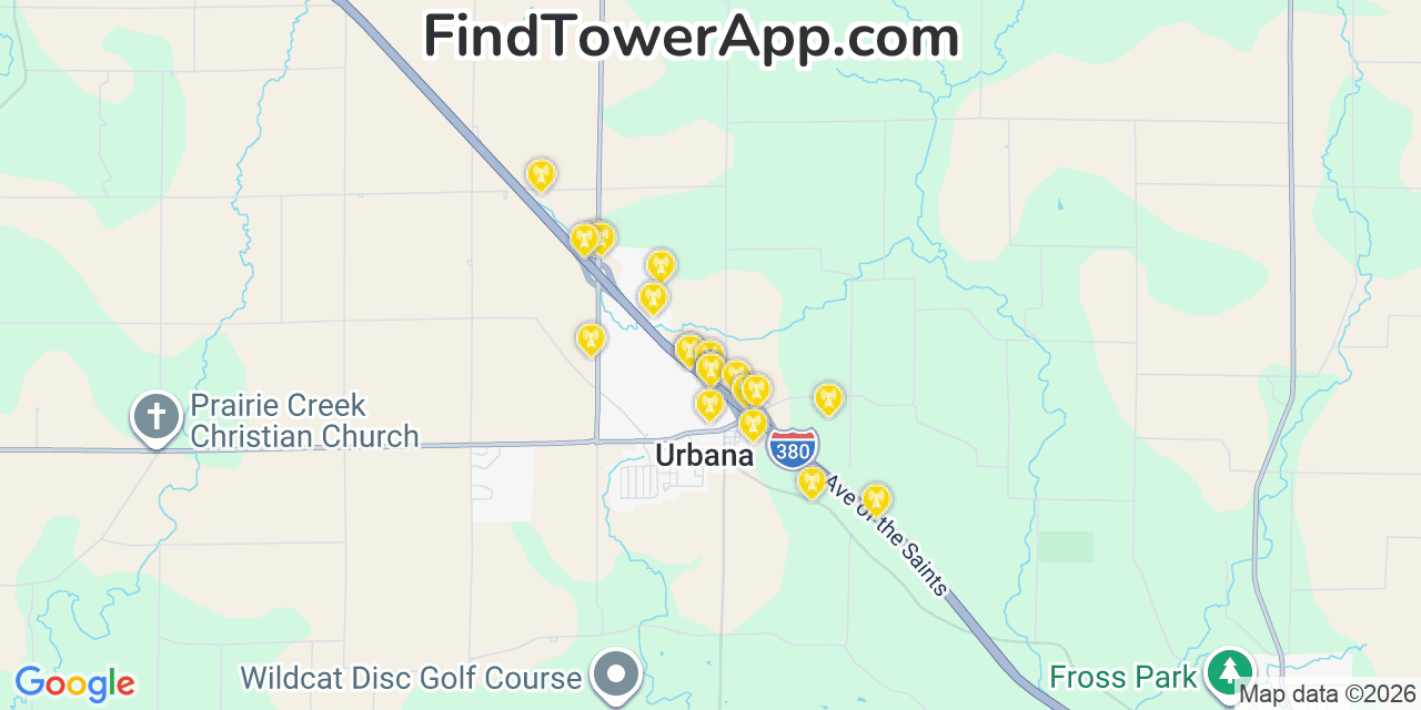 Map showing the 20 primary cell tower locations detected in Urbana, Iowa from AT&T, Verizon, and T-Mobile networks