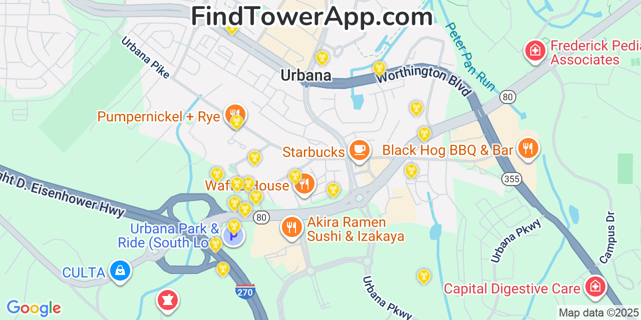 Map showing the 20 primary cell tower locations detected in Urbana, Maryland from AT&T, Verizon, and T-Mobile networks