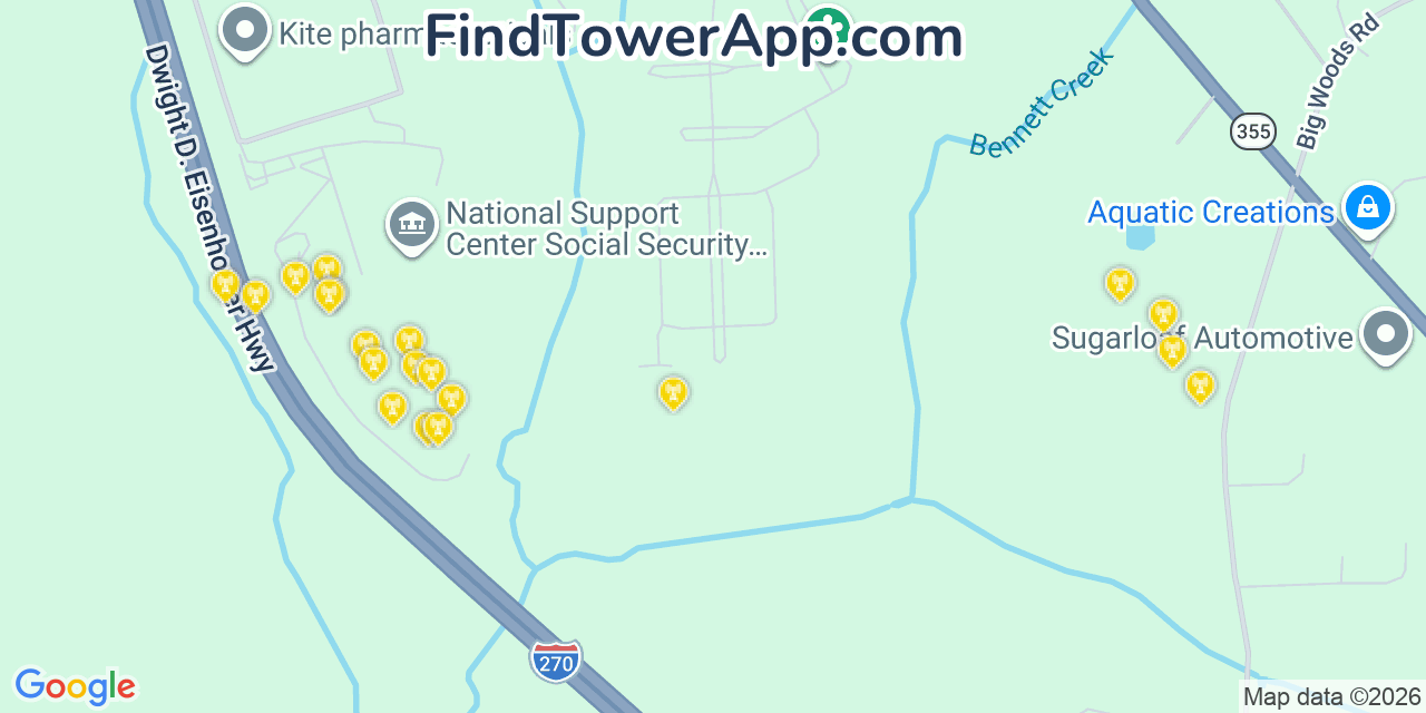 Map showing the 20 primary cell tower locations detected in Urbana, Maryland from AT&T, Verizon, and T-Mobile networks