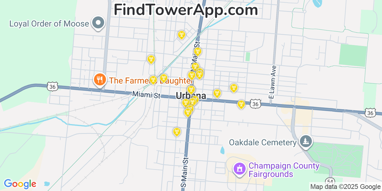 Map showing the 20 primary cell tower locations detected in Urbana, Ohio from AT&T, Verizon, and T-Mobile networks
