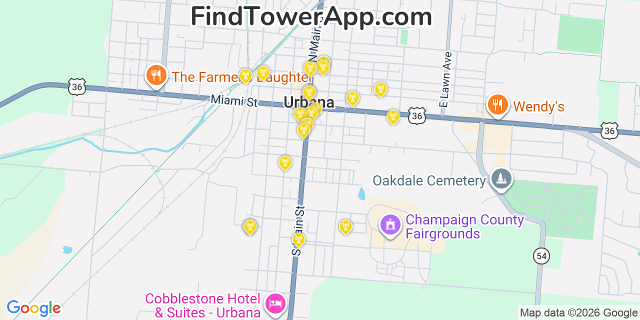 Map showing the 20 primary cell tower locations detected in Urbana, Ohio from AT&T, Verizon, and T-Mobile networks