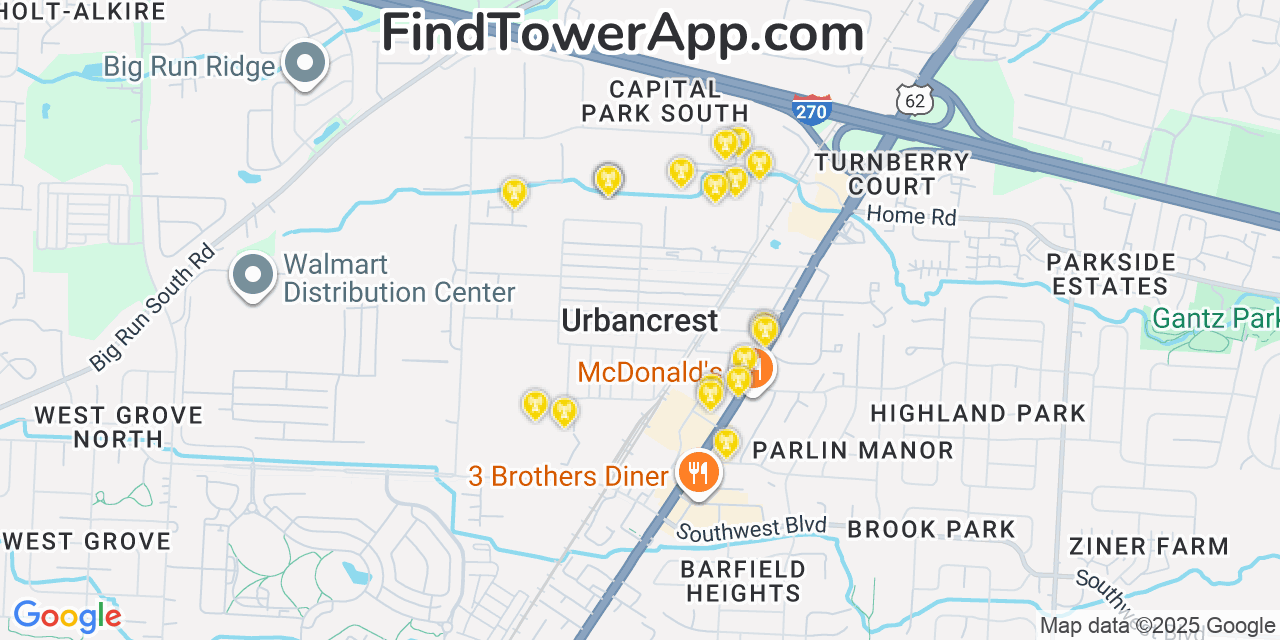 Map showing the 20 primary cell tower locations detected in Urbancrest, Ohio from AT&T, Verizon, and T-Mobile networks