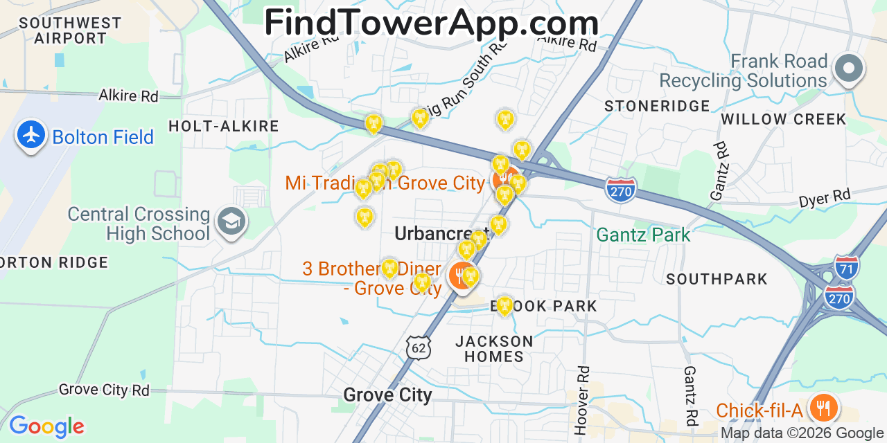 Map showing the 20 primary cell tower locations detected in Urbancrest, Ohio from AT&T, Verizon, and T-Mobile networks