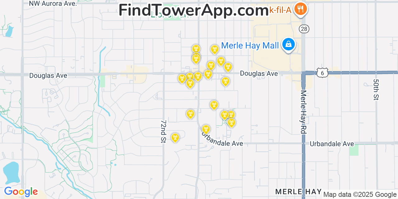 Map showing the 20 primary cell tower locations detected in Urbandale, Iowa from AT&T, Verizon, and T-Mobile networks