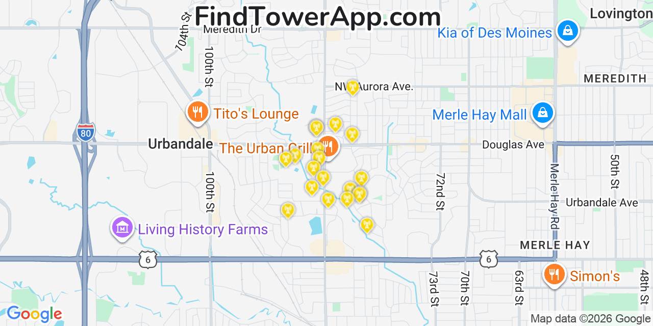 Map showing the 20 primary cell tower locations detected in Urbandale, Iowa from AT&T, Verizon, and T-Mobile networks