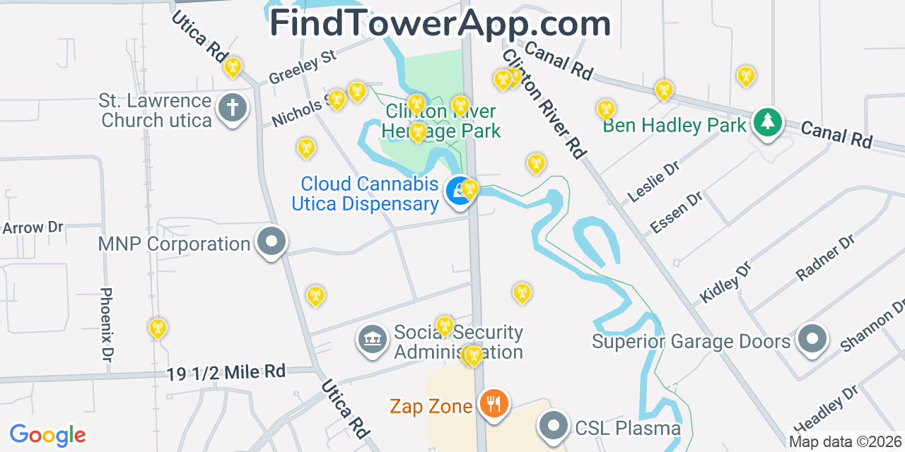 Map showing the 20 primary cell tower locations detected in Utica, Michigan from AT&T, Verizon, and T-Mobile networks