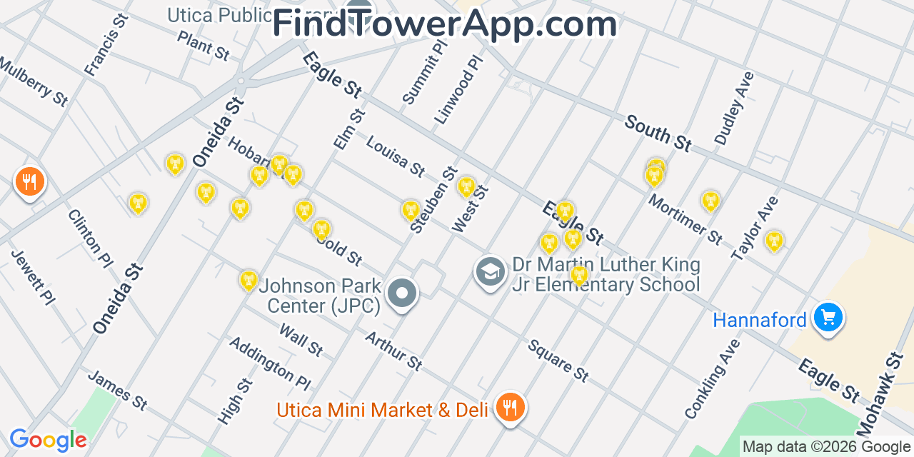 Map showing the 20 primary cell tower locations detected in Utica, New York from AT&T, Verizon, and T-Mobile networks