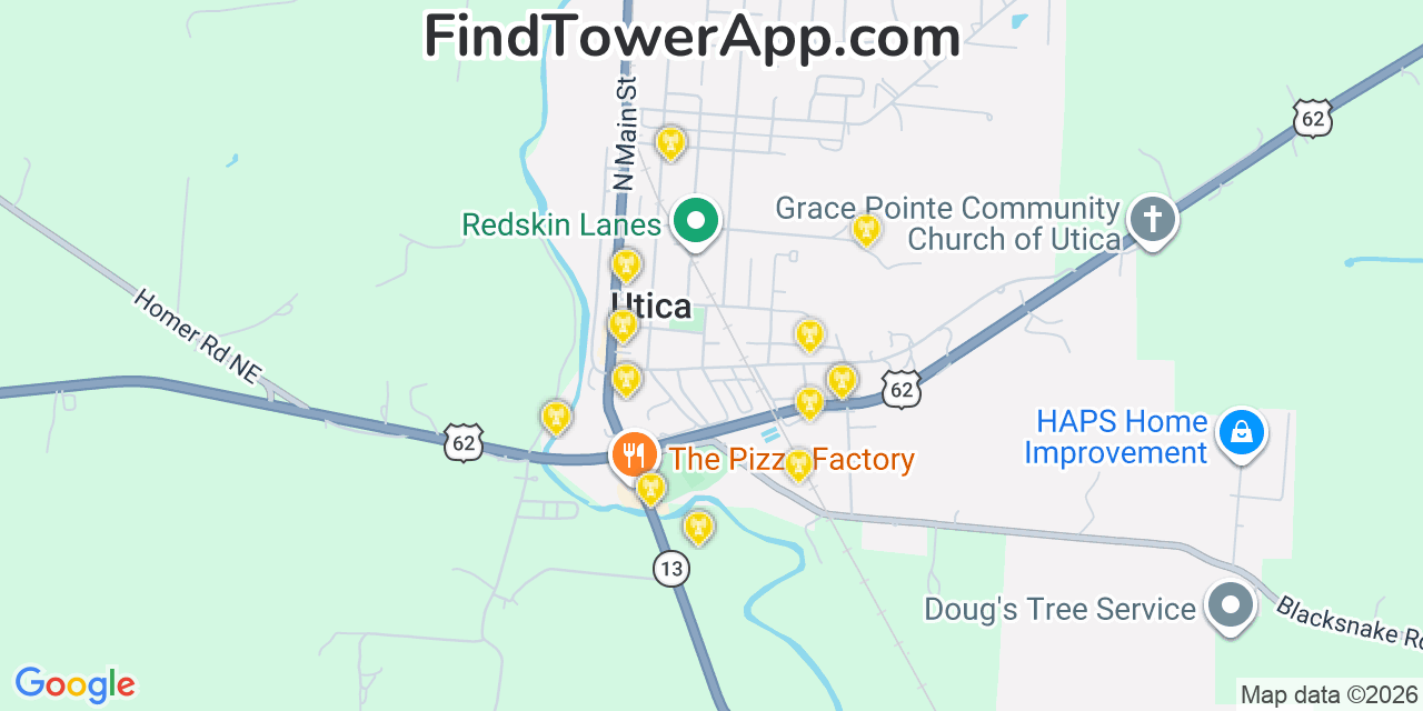 Map showing the 20 primary cell tower locations detected in Utica, Ohio from AT&T, Verizon, and T-Mobile networks
