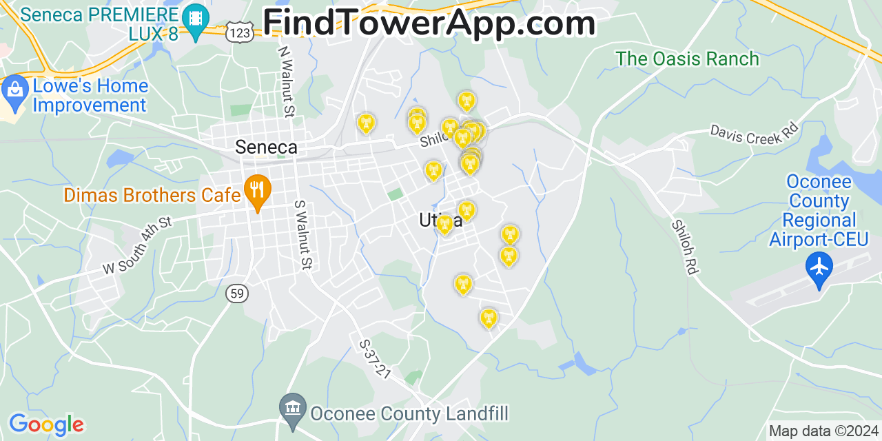 AT&T 4G/5G cell tower coverage map Utica, South Carolina