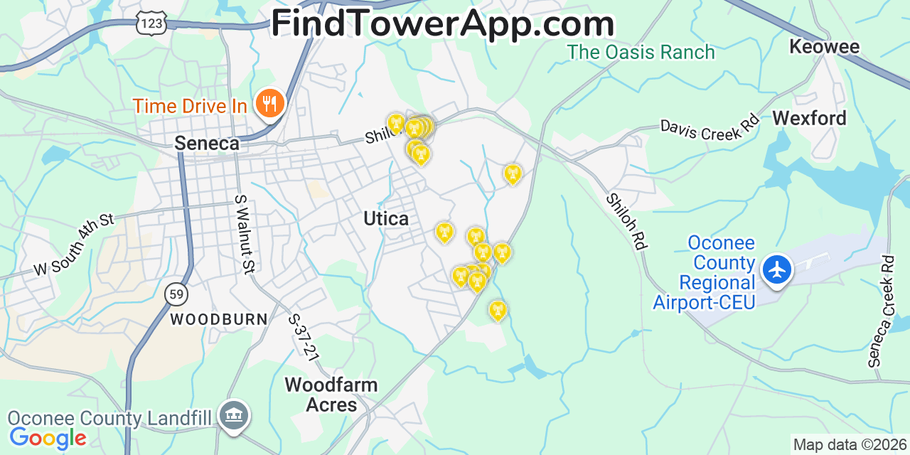 Map showing the 20 primary cell tower locations detected in Utica, South Carolina from AT&T, Verizon, and T-Mobile networks