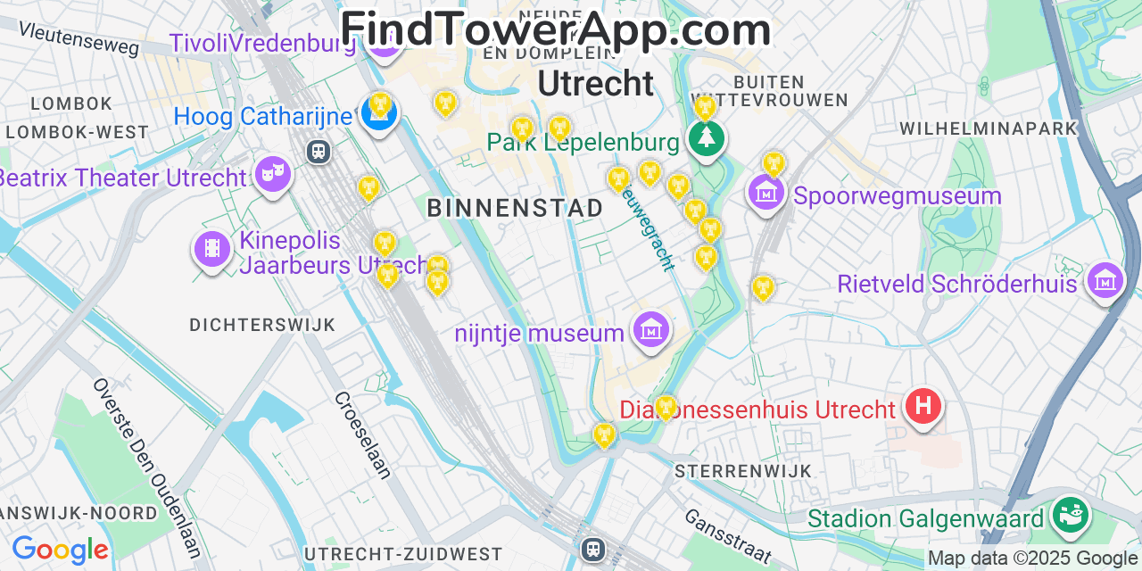 Map showing the 20 primary cell tower locations detected in Utrecht, Netherlands with coverage areas and signal strength