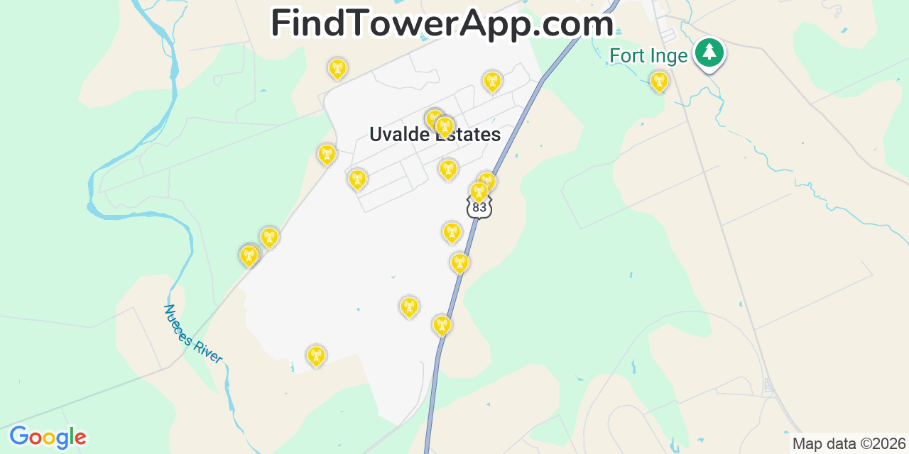 Map showing the 20 primary cell tower locations detected in Uvalde Estates, Texas from AT&T, Verizon, and T-Mobile networks
