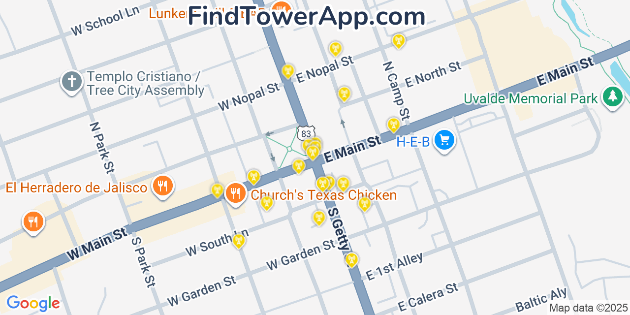 Map showing the 20 primary cell tower locations detected in Uvalde, Texas from AT&T, Verizon, and T-Mobile networks