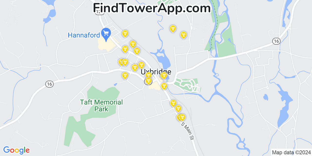 AT&T 4G/5G cell tower coverage map Uxbridge, Massachusetts