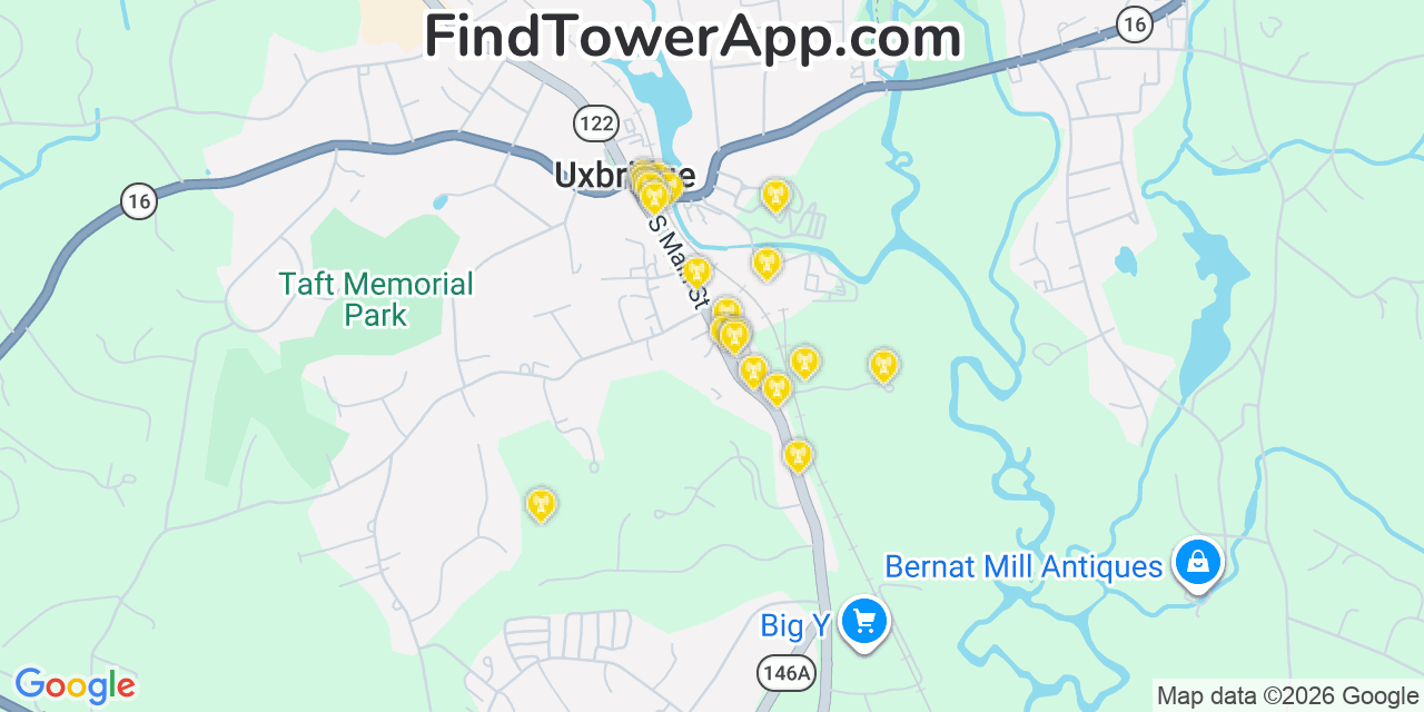 Map showing the 20 primary cell tower locations detected in Uxbridge, Massachusetts from AT&T, Verizon, and T-Mobile networks