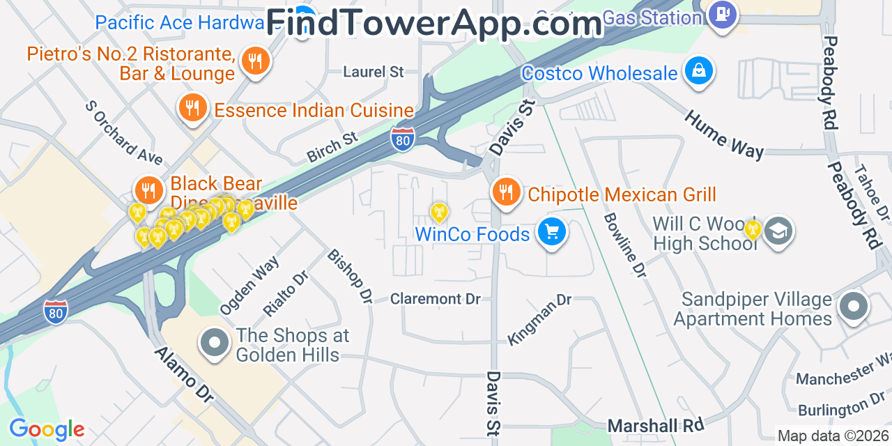 Map showing the 20 primary cell tower locations detected in Vacaville, California from AT&T, Verizon, and T-Mobile networks