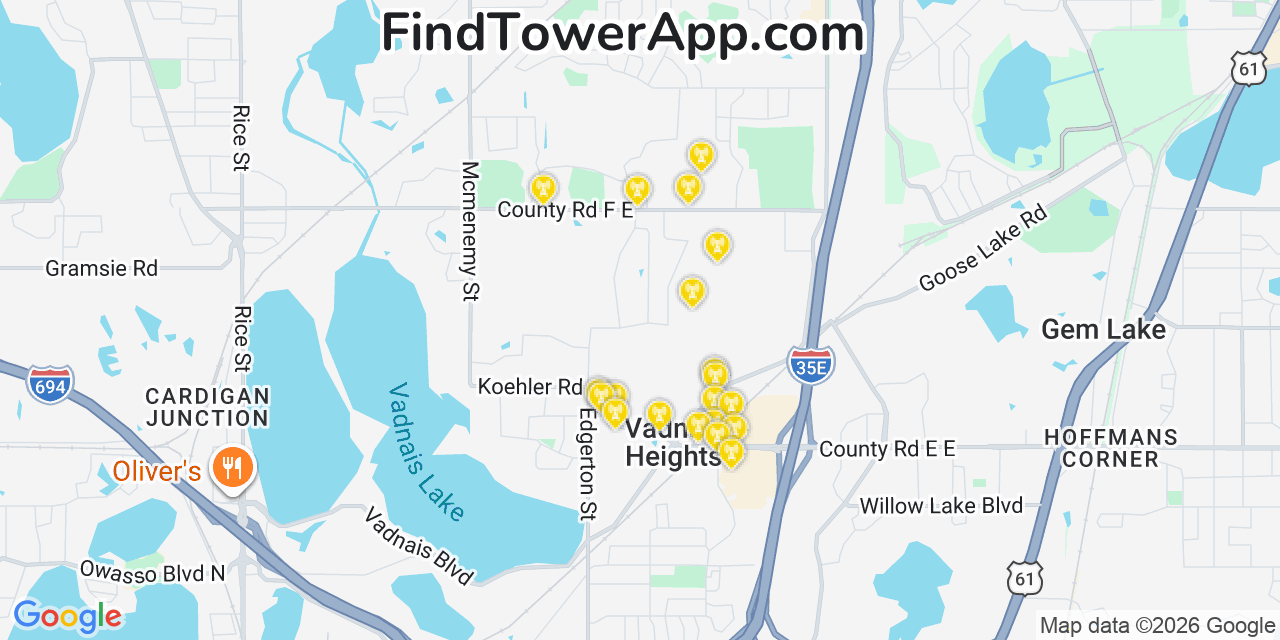 Map showing the 20 primary cell tower locations detected in Vadnais Heights, Minnesota from AT&T, Verizon, and T-Mobile networks
