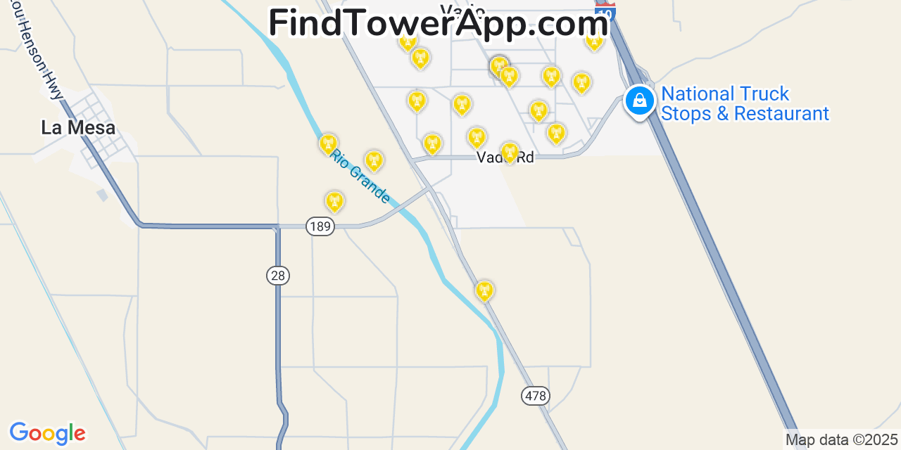 Map showing the 20 primary cell tower locations detected in Vado, New Mexico from AT&T, Verizon, and T-Mobile networks