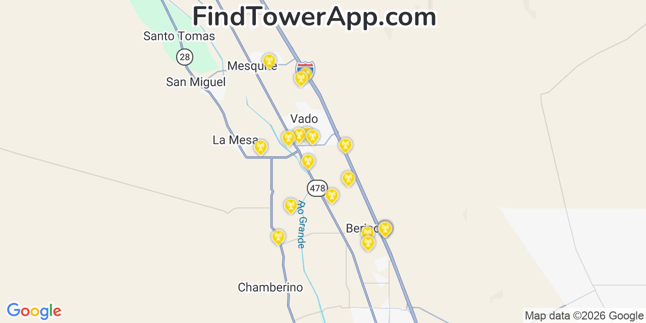 Map showing the 20 primary cell tower locations detected in Vado, New Mexico from AT&T, Verizon, and T-Mobile networks