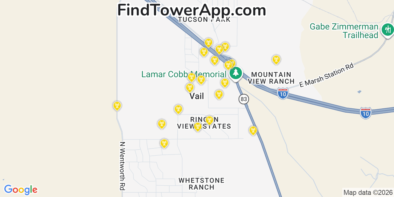 Map showing the 20 primary cell tower locations detected in Vail, Arizona from AT&T, Verizon, and T-Mobile networks