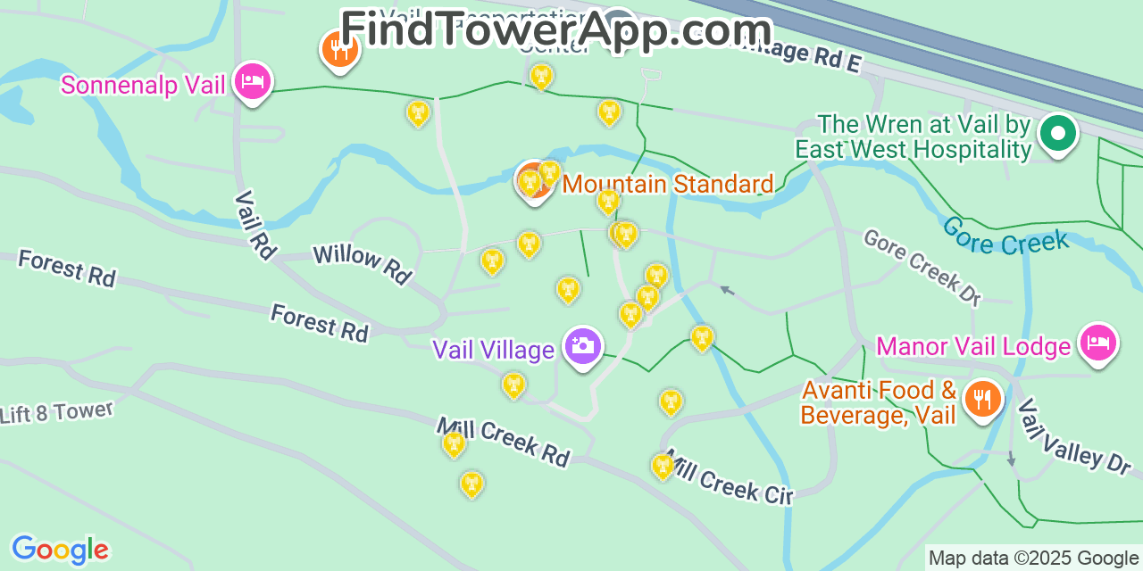 Map showing the 20 primary cell tower locations detected in Vail, Colorado from AT&T, Verizon, and T-Mobile networks