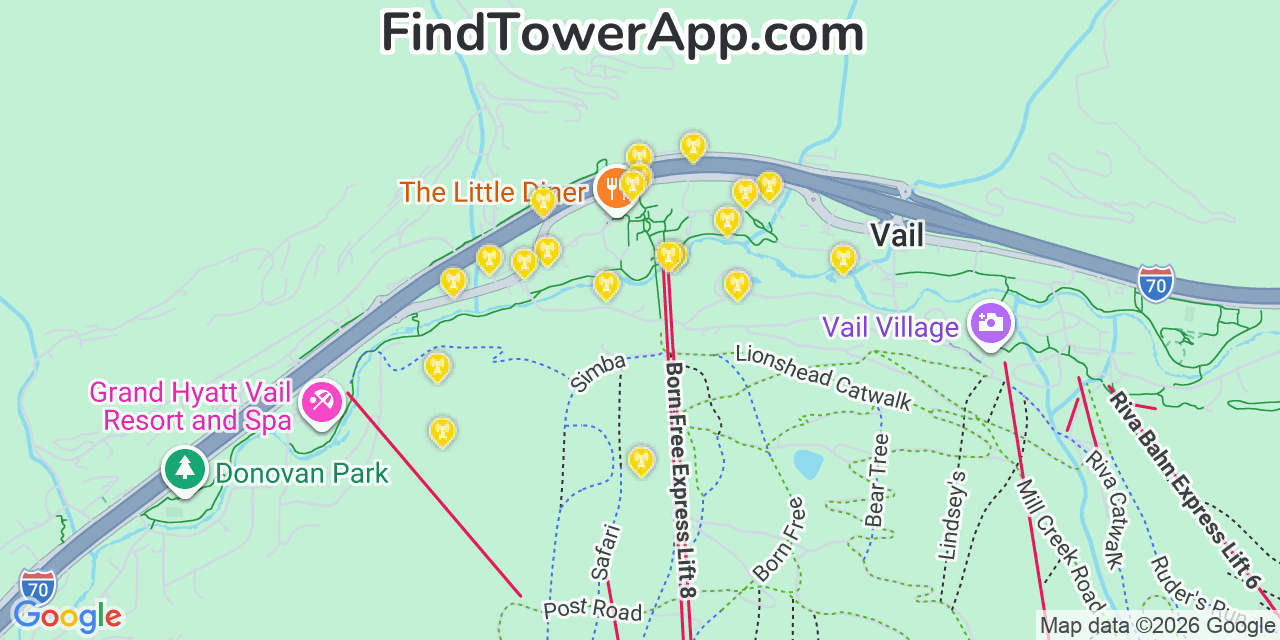 Map showing the 20 primary cell tower locations detected in Vail, Colorado from AT&T, Verizon, and T-Mobile networks