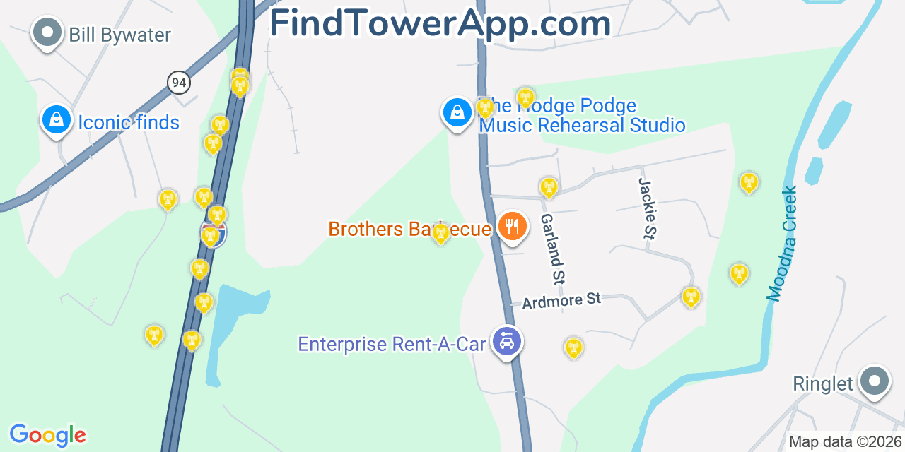 Map showing the 20 primary cell tower locations detected in Vails Gate, New York from AT&T, Verizon, and T-Mobile networks