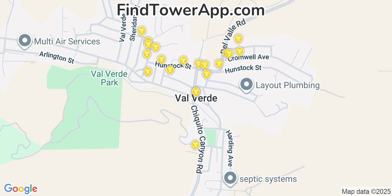 Map showing the 20 primary cell tower locations detected in Val Verde, California from AT&T, Verizon, and T-Mobile networks