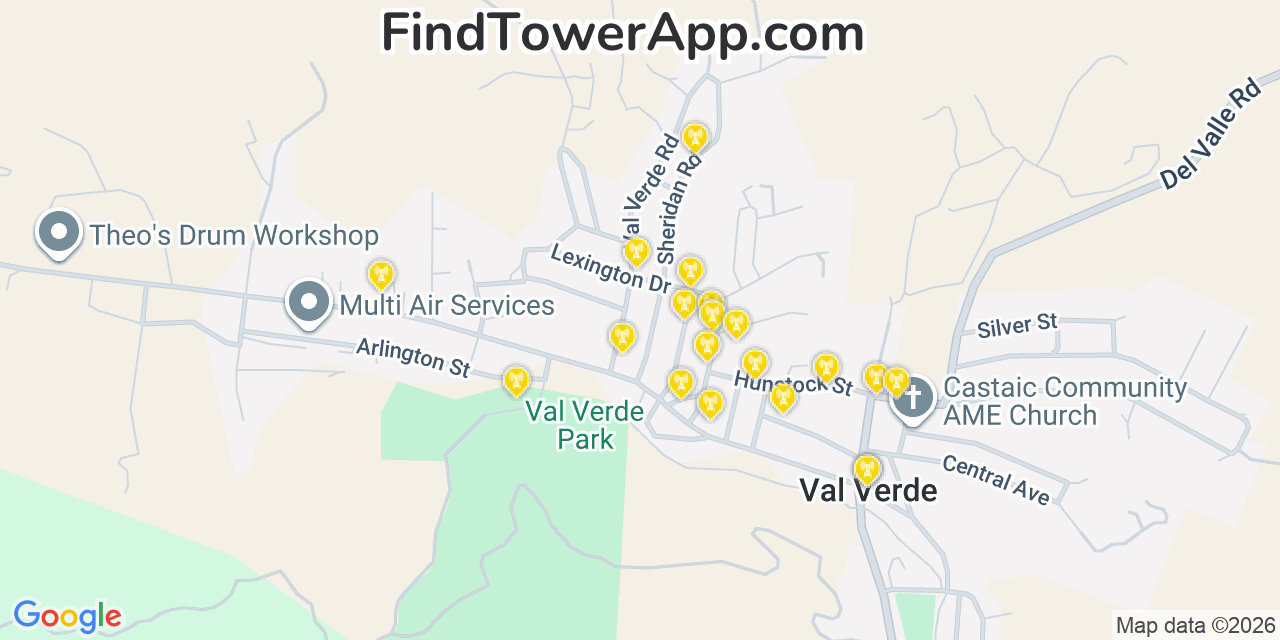 Map showing the 20 primary cell tower locations detected in Val Verde, California from AT&T, Verizon, and T-Mobile networks