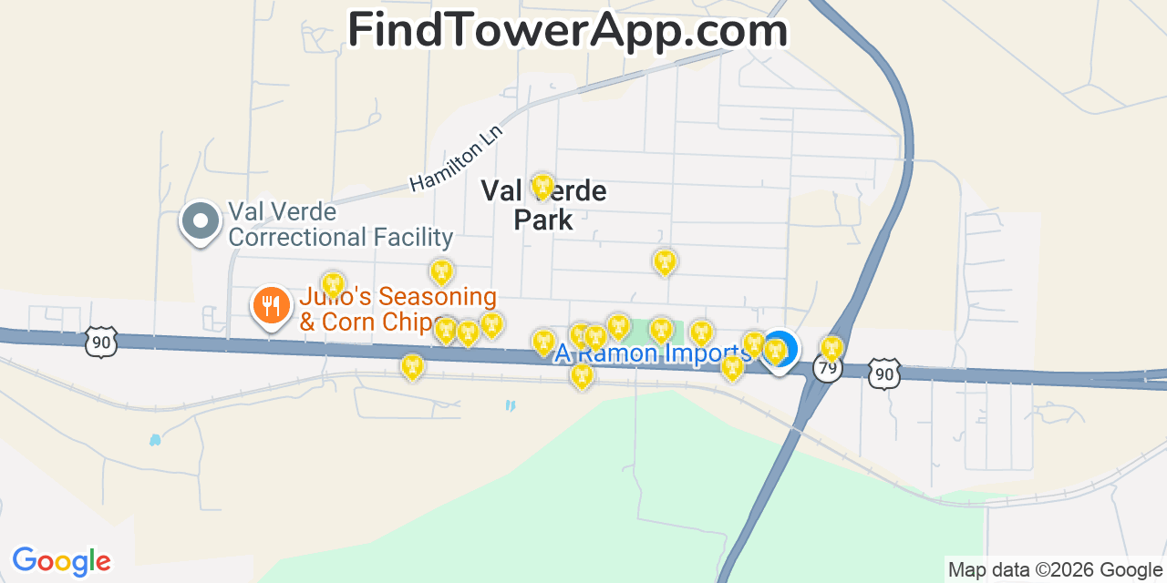 Map showing the 20 primary cell tower locations detected in Val Verde Park, Texas from AT&T, Verizon, and T-Mobile networks