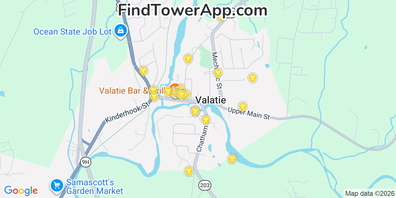 Map showing the 20 primary cell tower locations detected in Valatie, New York from AT&T, Verizon, and T-Mobile networks