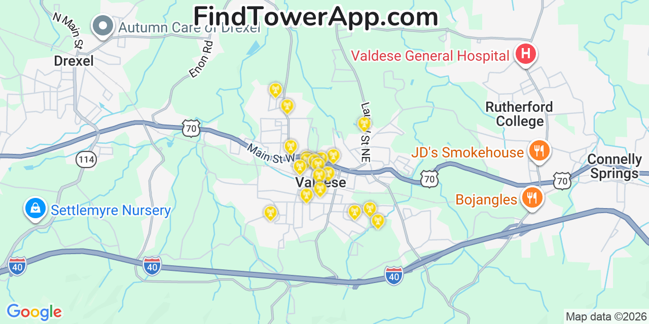 Map showing the 20 primary cell tower locations detected in Valdese, North Carolina from AT&T, Verizon, and T-Mobile networks