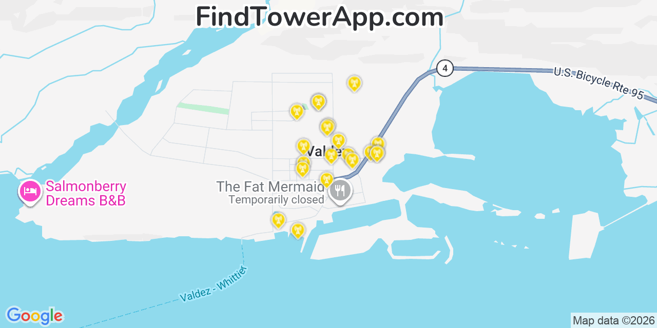 Map showing the 20 primary cell tower locations detected in Valdez, Alaska from AT&T, Verizon, and T-Mobile networks