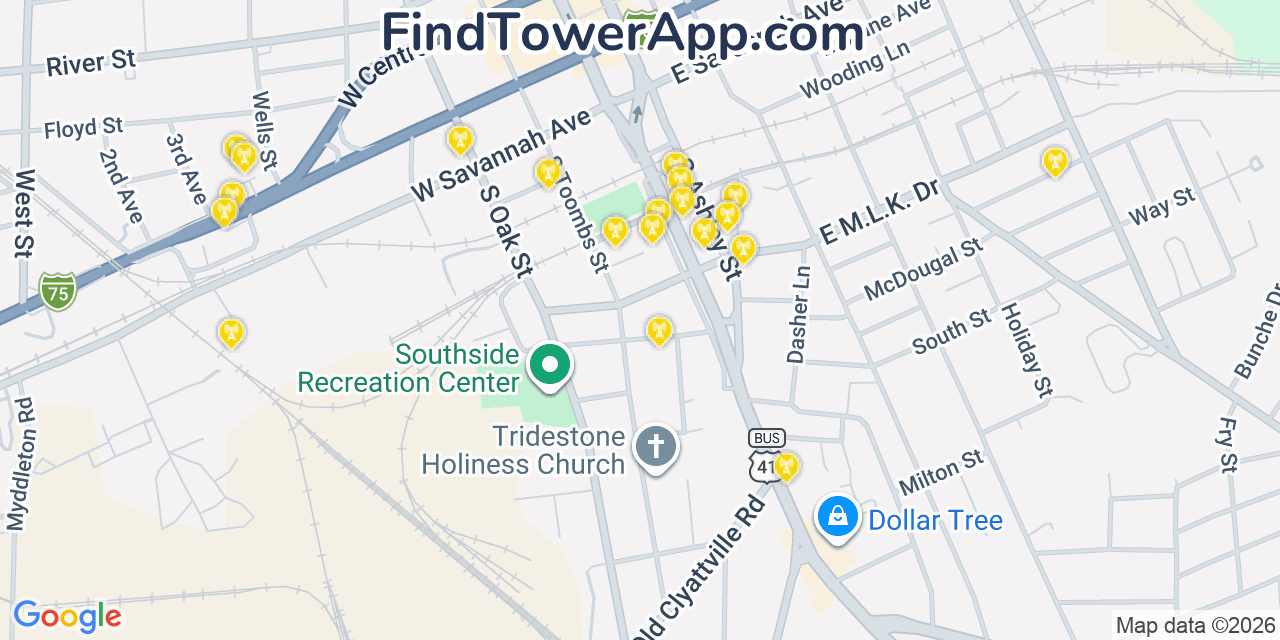 Map showing the 20 primary cell tower locations detected in Valdosta, Georgia from AT&T, Verizon, and T-Mobile networks