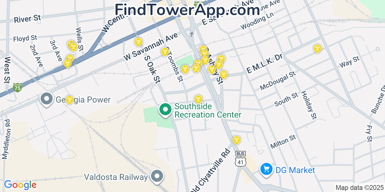 Map showing the 20 primary Mobitel cell tower locations detected in Valdosta, Georgia with coverage radius and signal strength indicators
